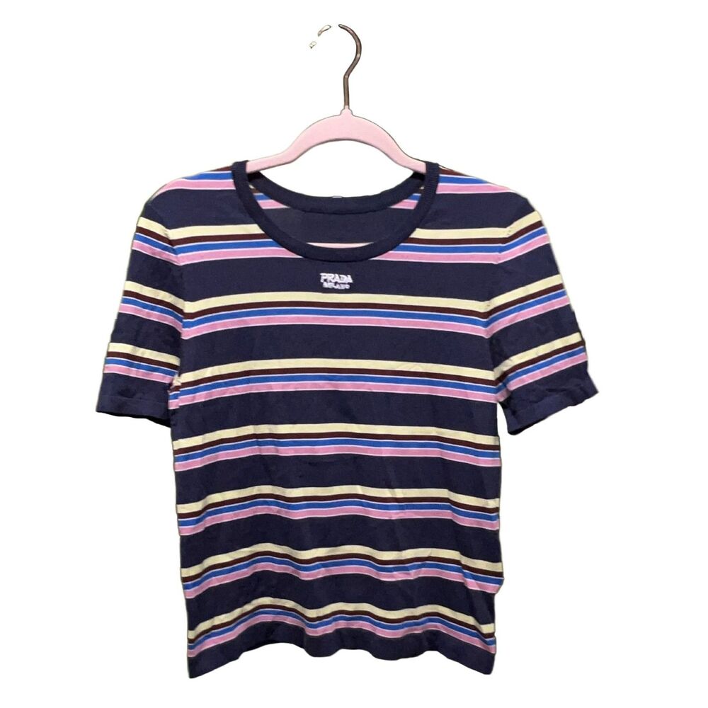 Prada Striped Short Sleeve Top P62V Navy Pink T-shirt Size 40 US S